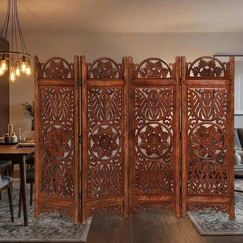 Miniatura 3 de Lightnpro 4 Panel Majestic Wooden Room Divider 64"(W) x 48"(H) Hand-Carved Folding Privacy Screen, Pre-Assembled Decorative Partition for Living