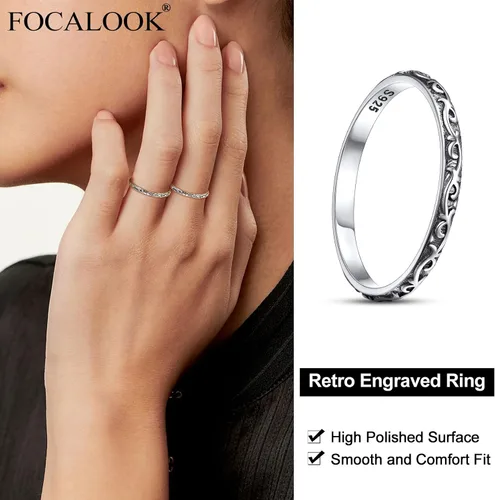 Miniatura 2 de FOCALOOK Anillo de plata de ley 925 de 0.110 in de ancho, tamaño 4, anillo de plata envejecida, hipoalergénico para mujer