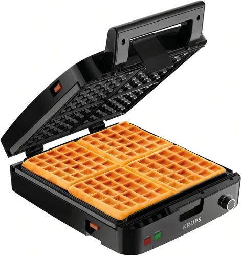 KRUPS Máquina para hacer waffles belgas de 4 porciones: acero inoxidable, 5 niveles de tostado, señal de listo audible, platos removibles, 1200W,