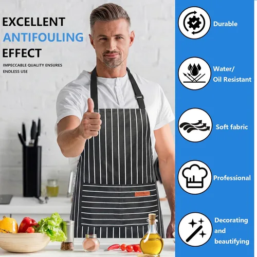 Miniatura 8 de Paquete de 2 delantales de cocina ajustables con 2 bolsillos grandes, delantal de cocina unisex para hombres y mujeres, delantal de mezcla