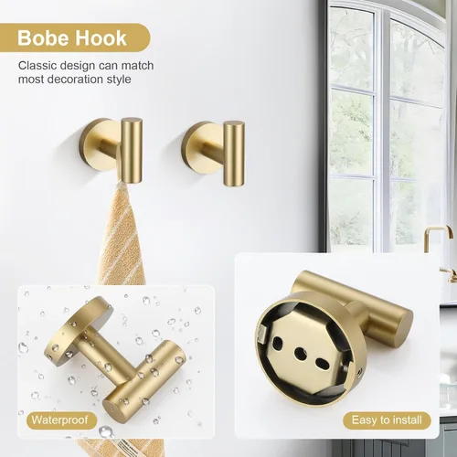 Miniatura 4 de TQKAG Juego de Herrajes de Baño de Oro Cepillado de 6 Piezas Juego de Accesorios de Baño Barra de Toallas Redonda de Acero Inoxidable de 23.6