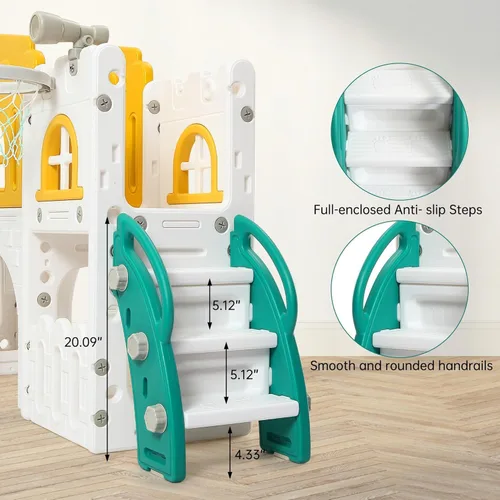 Miniatura 8 de Juego de toboganes 8 en 1 para niños, centro de actividades para interiores y exteriores, juego de tobogán escalador para niños con aro