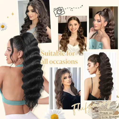 Miniatura 5 de Flufymooz Extensión de cola de caballo, 26 pulgadas, ondulado, con cordón, extensión de pelo largo, extensión de pelo sintético suave para mujer