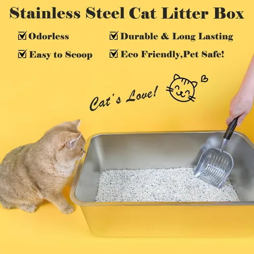 Miniatura 2 de LIHONG Caja de arena de acero inoxidable para gatos, caja de arena de metal extra grande para gatos grandes, gatitos, conejos, sin olor, 6 pulgadas