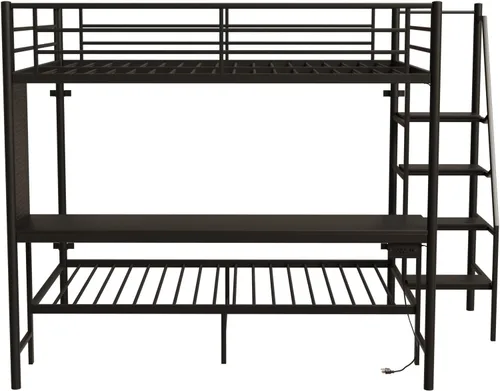 Miniatura 9 de KEIKI Litera Full sobre Twin con Estación de Carga, Cama Alta de Metal con Escritorio & Protector de Seguridad & Escaleras, Marco de Cama de Metal