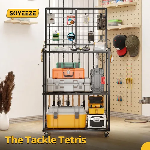 Miniatura 7 de SOYEEZE Soportes para cañas de pescar de gran tamaño para garaje, estante para cañas de pescar de servicio pesado de 3 niveles con tablero perforado