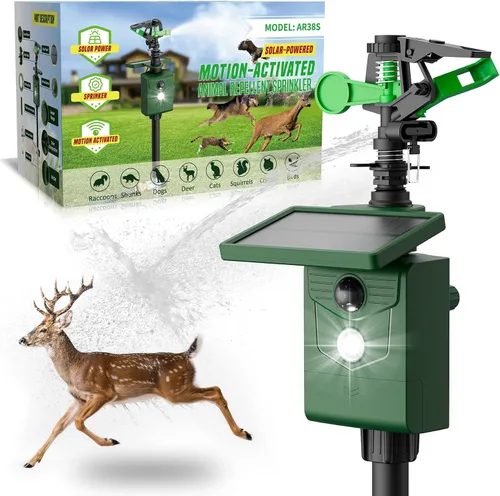 Aspersor activado por movimiento, repelente solar de animales para exteriores, disuasorio de ciervos y gatos con sensor de movimiento y luces