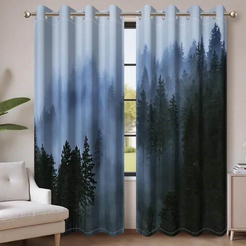 Miniatura 36 de AWERT Cortinas opacas para dormitorio, árbol negro con niebla, naturaleza, amanecer, bosque, 2 paneles para sala de estar, bloqueo de calor, 21 x 45
