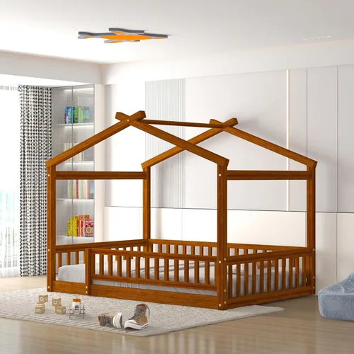 Miniatura 17 de Quarte Cama de madera de tamaño individual con valla y puerta, cama de madera en el suelo para niños y niñas, fácil montaje (gris lavado/valla y D1)