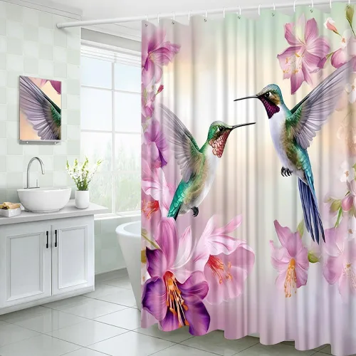 Miniatura 4 de Cortina de ducha floral de colibrí, acuarela, rosa, morado, jardín, naturaleza, paisaje, baño, decoración, juego de cortinas con ganchos