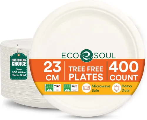 Miniatura 30 de ECO SOUL Compostable Paper Plates 9 Inch, 500 Pack – Heavy Duty Disposable Dinner Paper Plates, White Bagasse, Leak-Resistant, Microwave Safe
