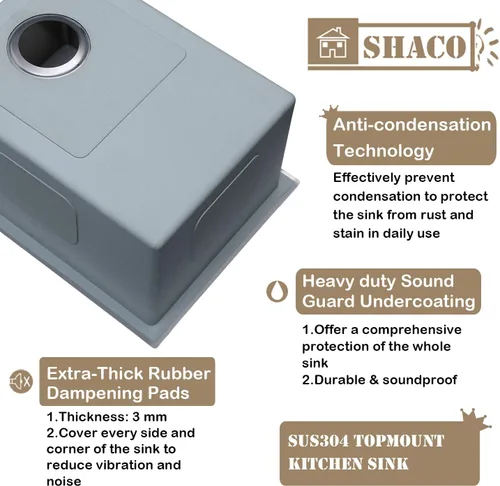 Miniatura 4 de SHACO Fregadero de cocina de 28 pulgadas, fregadero de montaje superior de acero inoxidable T304 de 16 calibre hecho a mano comercial, fregadero