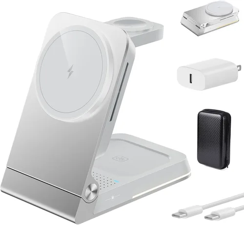 Cargador inalámbrico plegable 3 en 1 – Estación de carga inalámbrica magnética para Apple Magsafe soporte de cargador con luz, cargador de viaje