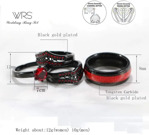 Miniatura 4 de Juego de anillos de boda de dos anillos para parejas, anillos a juego para mujer, 2 piezas, chapado en oro negro, circonita roja, anillo