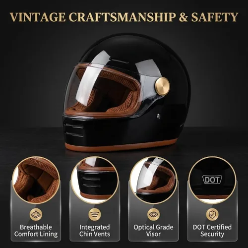 Miniatura 7 de Casco retro para motocicleta Loyoriwy para adultos: Casco integral vintage con sistema de ventilación, diseño impermeable para motociclismo Negro