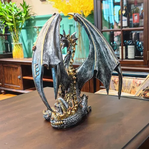 Miniatura 6 de Estatua de dragón steampunk gótica retro equipo mecánico sentado dragón de aspecto metálico, escultura de resina para el hogar, decoración de cuevas