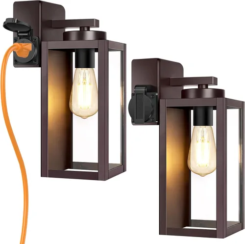 Miniatura 13 de BesLowe Paquete de 2 faroles de pared para exteriores del anochecer al amanecer, negro mate, apliques exteriores impermeables con vidrio