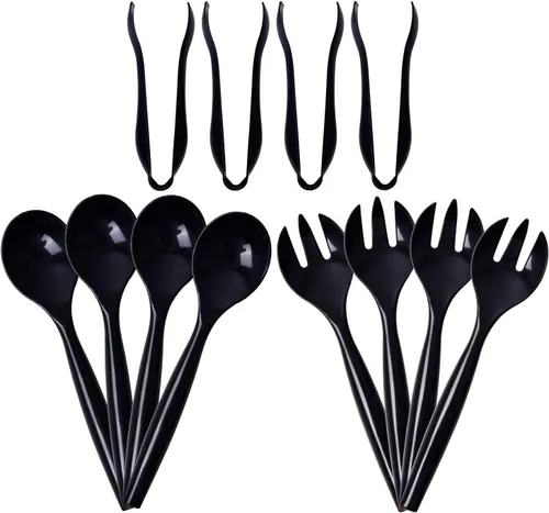 Miniatura 10 de Supernal Juego de 36 utensilios de plástico negro para servir, pinzas, cucharas y tenedores desechables resistentes (12 cada uno), suministros