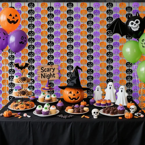 Miniatura 5 de Cortinas de flecos de aluminio con patrón de calabaza para decoraciones de fiesta de Halloween, telón de fondo de pesadilla de Jack Nightmare