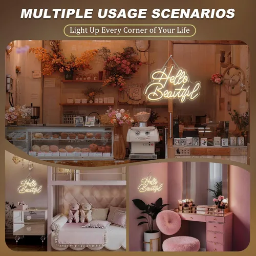 Miniatura 8 de LooKLight Letrero de neón con texto en inglés «Hello Beautiul», color blanco cálido, letras de neón para decoración de pared, letreros de luz LED