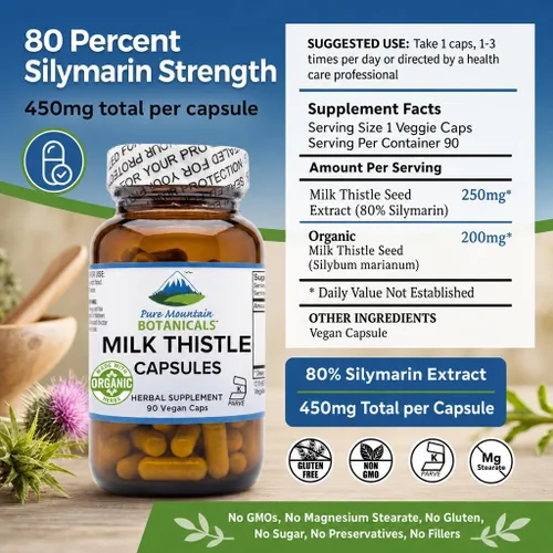 Miniatura 5 de Pure Mountain Botanicals Suplemento de cardo mariano – 90 cápsulas veganas kosher – Cardo mariano orgánico y 80% extracto de silimarina – 450 mg