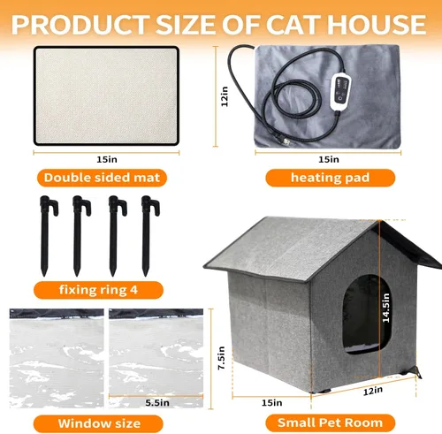 Miniatura 5 de Casa climatizada para gatos para exteriores, resistente a la intemperie y aislada, plegable, refugio cálido para gatos con bola de cascabel y luz