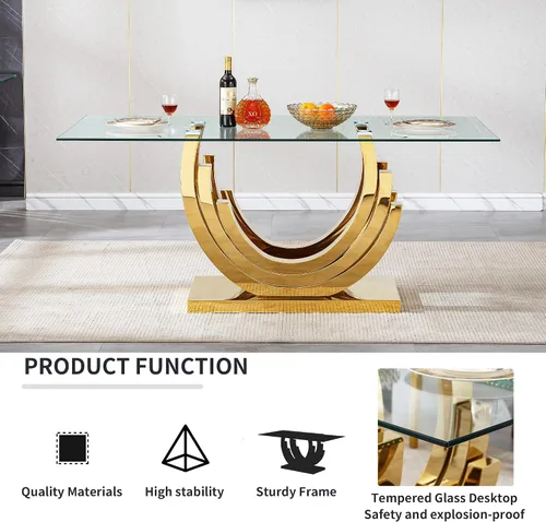Miniatura 5 de Juego de mesa de comedor de cristal dorado moderno de 70 pulgadas para 4, juego de mesa rectangular de 5 piezas con base de acero en forma de anillo