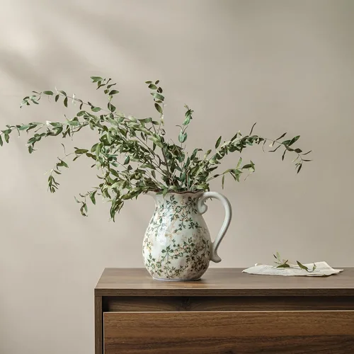 Miniatura 2 de Jarrón de cerámica verde y blanco con asa, florero rústico para decoración de hogar estilo “chinoiserie”, “grandmillenial” y toscano, jarrón