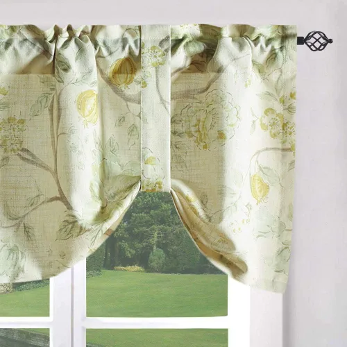 Leeva Cortinas Cenefas con Estampado Floral con Lazos para Ventanas de Cocina, Lino con Bolsillo para Barra, Cortina Pequeña Texturizada con