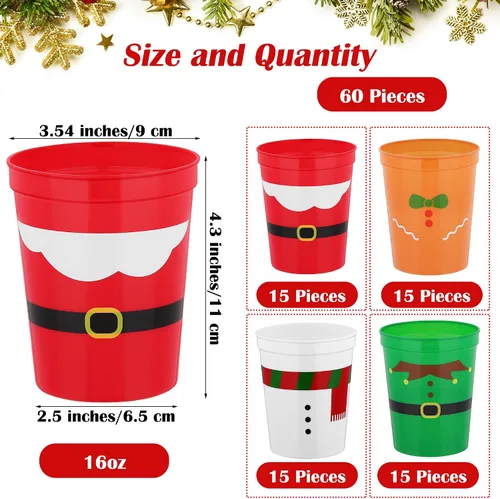 Miniatura 2 de Kochorie 60 vasos de plástico de Navidad para fiestas, vasos de plástico de 16 onzas, vasos desechables para estadio, cinturón de Papá Noel, vasos