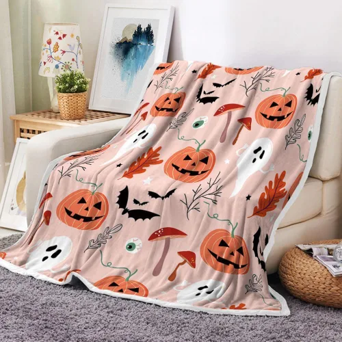 JAWO Manta de Halloween con diseño de fantasma de calabaza rosa, cálida y cómoda, divertida manta de franela de hongos, sala de estar, decoración de