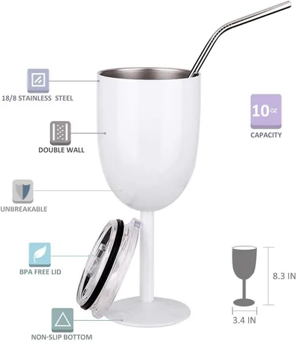 Miniatura 2 de AMZUShome Copas de vino de acero inoxidable. Vaso de vino de doble pared aislado al vacío con tapa y pajita. Amistad, Navidad, regalos de cumpleaños