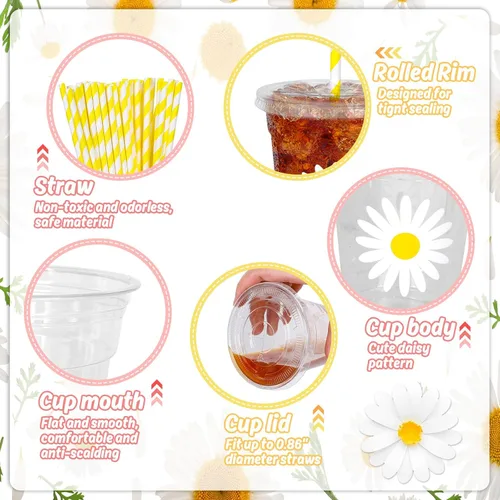 Miniatura 3 de Whaline 50 piezas de tazas de plástico desechables lindas con tapa y pajita de margarita de 12 oz, tazas de bebidas frías para suministros