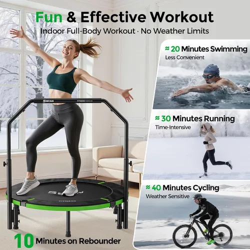 Miniatura 4 de BCAN SP3 40"/48" Foldable Mini Trampoline, Rebounder Trampoline for Adults, U/T Adjustable Foam Handle, Exercise Rebounder for Adults Indoor/Garden