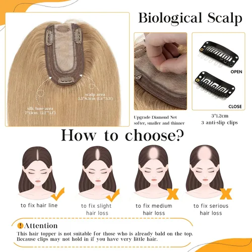 Miniatura 2 de S-noilite Toppers para el cabello humano real para mujer, sin flequillo, 14 pulgadas, #27 rubio oscuro, base de seda, clip en la parte superior