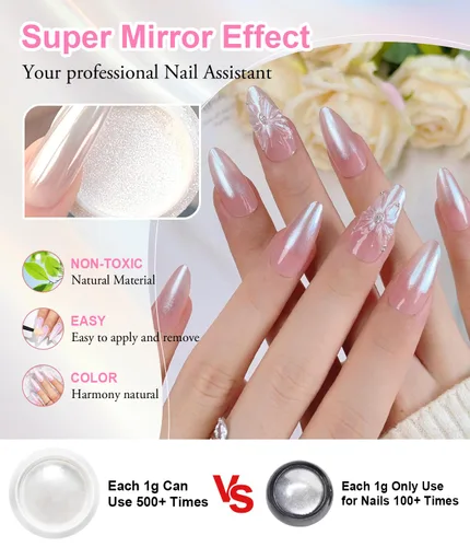 Miniatura 4 de Polvo de uñas cromado y perla, efecto de hadas, polvo de uñas rosa cromado, blanco, perlado aurora, sirena, iridiscente, cromo, polvo, espejo Polvo