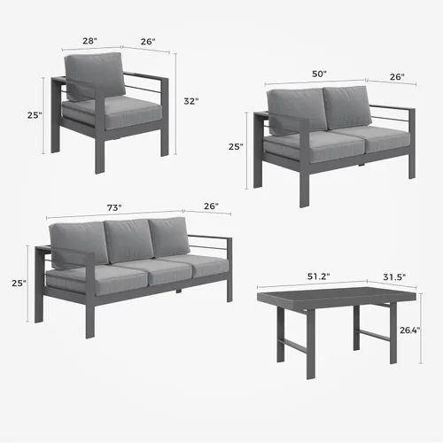 Miniatura 3 de Solaste Juego de muebles de aluminio para patio, 5 piezas, moderno juego de conversación al aire libre, sofá seccional con cojín mejorado y mesa