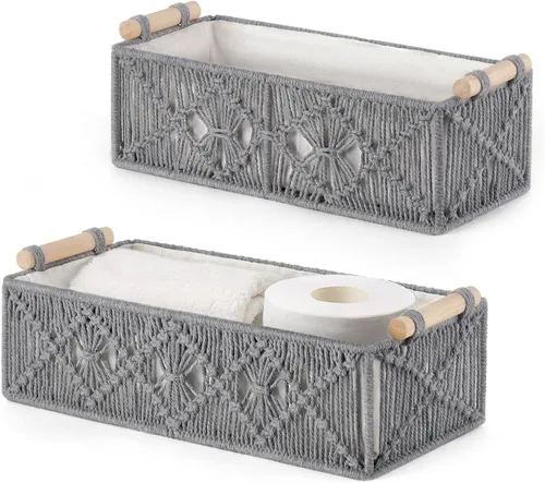 Miniatura 8 de Mkono Cestas de almacenamiento de macramé, caja de decoración bohemia tejida a mano decorativa para encimera, tanque de inodoro, estante organizador