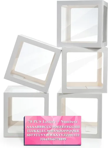 Miniatura 16 de Cajas de bebé con letras para baby shower, 4 cajas de globos transparentes con 60 letras para decoraciones de revelación de género, bloques de bebé