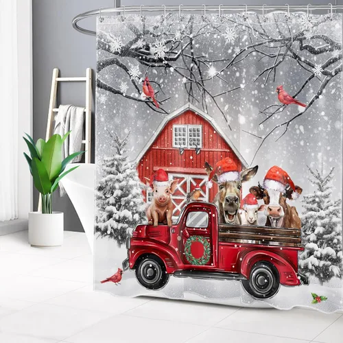 Miniatura 3 de LB Christmas Red Truck Shower Curtain for Bathroom, Farm Animal with Xmas Hat and Cardinal with Pine Tree Fabric Shower Curtain with Hooks, Grey