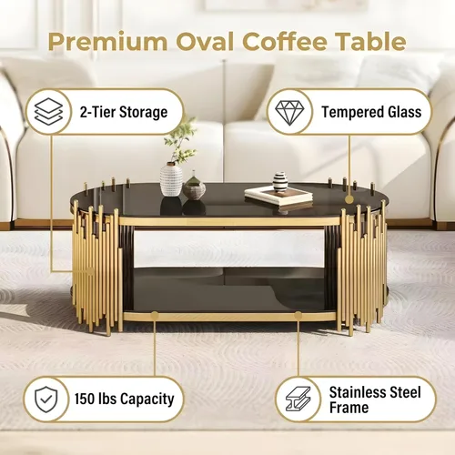 Miniatura 6 de 2-Tier Gold Glass Coffee Table, Modern Oval Coffee Table with Clear Tempered Black Shelves and Stainless Steel Frame, Luxury Center Tables for