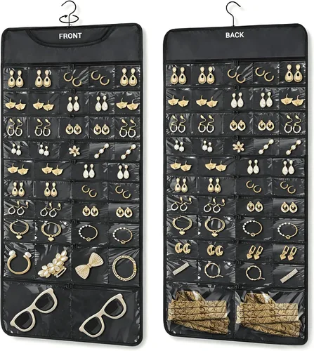 Miniatura 10 de FOREGOER Organizador de joyas colgante de doble cara, 43 bolsillos, organizador grande de accesorios para collares, aretes, (negro)