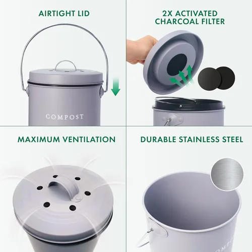 Miniatura 5 de FINESSY - Cubo de compost interior sin olor para cocina con tapa para compostar residuos de alimentos, cubo de compost de cocina de acero inoxidable