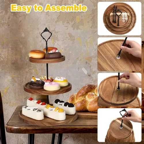 Miniatura 3 de Zopeal Juego de 3 soportes de madera para cupcakes de 3 niveles, bandeja de madera rústica para servir postres de granja, soporte para torre