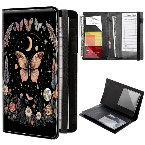 Libros de servidor de flores de mariposa y luna para camarera, cartera de cuero sintético con cierre de vendaje elástico, organizador con bolsillo