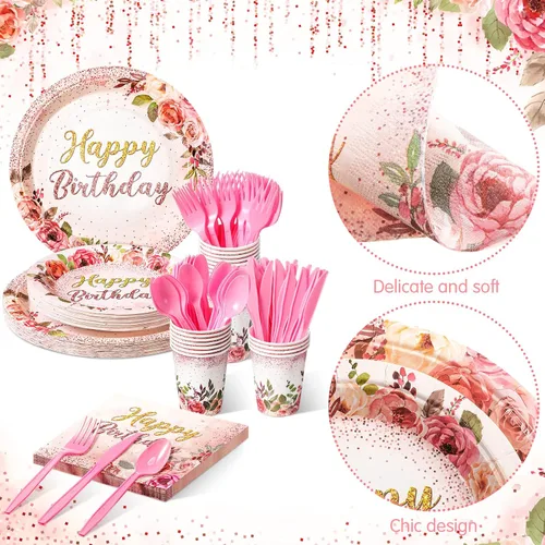 Miniatura 3 de Roshtia 175 piezas de suministros florales para fiesta, sirven a 25 invitados, juegos de vajilla de rosa de feliz cumpleaños para adultos y mujeres