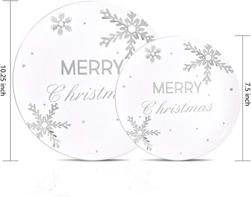 Miniatura 2 de WDF 50 platos de plástico plateado de Navidad, platos de plástico con copos de nieve, platos desechables blancos y plateados pesados para Navidad