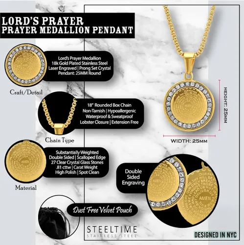 Miniatura 3 de Steeltime Stainless Steel Lords Prayer Necklace with Simulated Diamonds