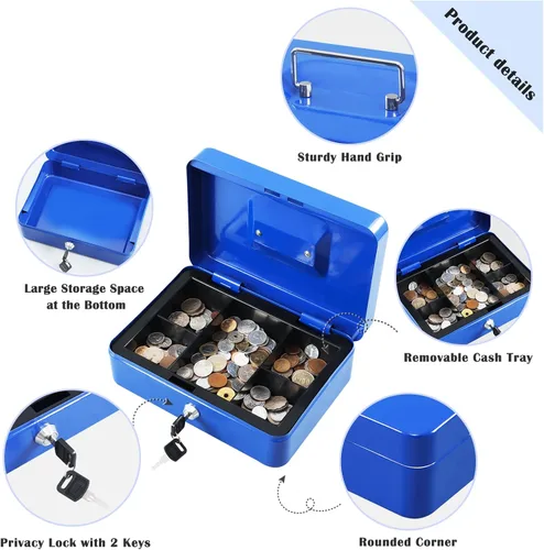 Miniatura 4 de xydled Caja fuerte grande de acero con cerradura con bandeja extraíble para monedas y cerradura de llave, 9.84"x 7.87"x 3.54" pulgadas, azul