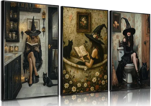 Miniatura 11 de NBYARTQ Pósteres de Fantasmas de Halloween Arte de Pared Juego de 3 Impresiones de Terror Espeluznante Academia Oscura Fantasma y Gato Negro